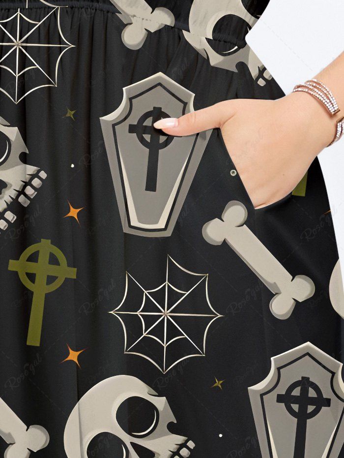 Gothic Plus Size Skull Spider Web Bone Tombstone Print Halloween Costume Split Pocket A Line Midi Dress