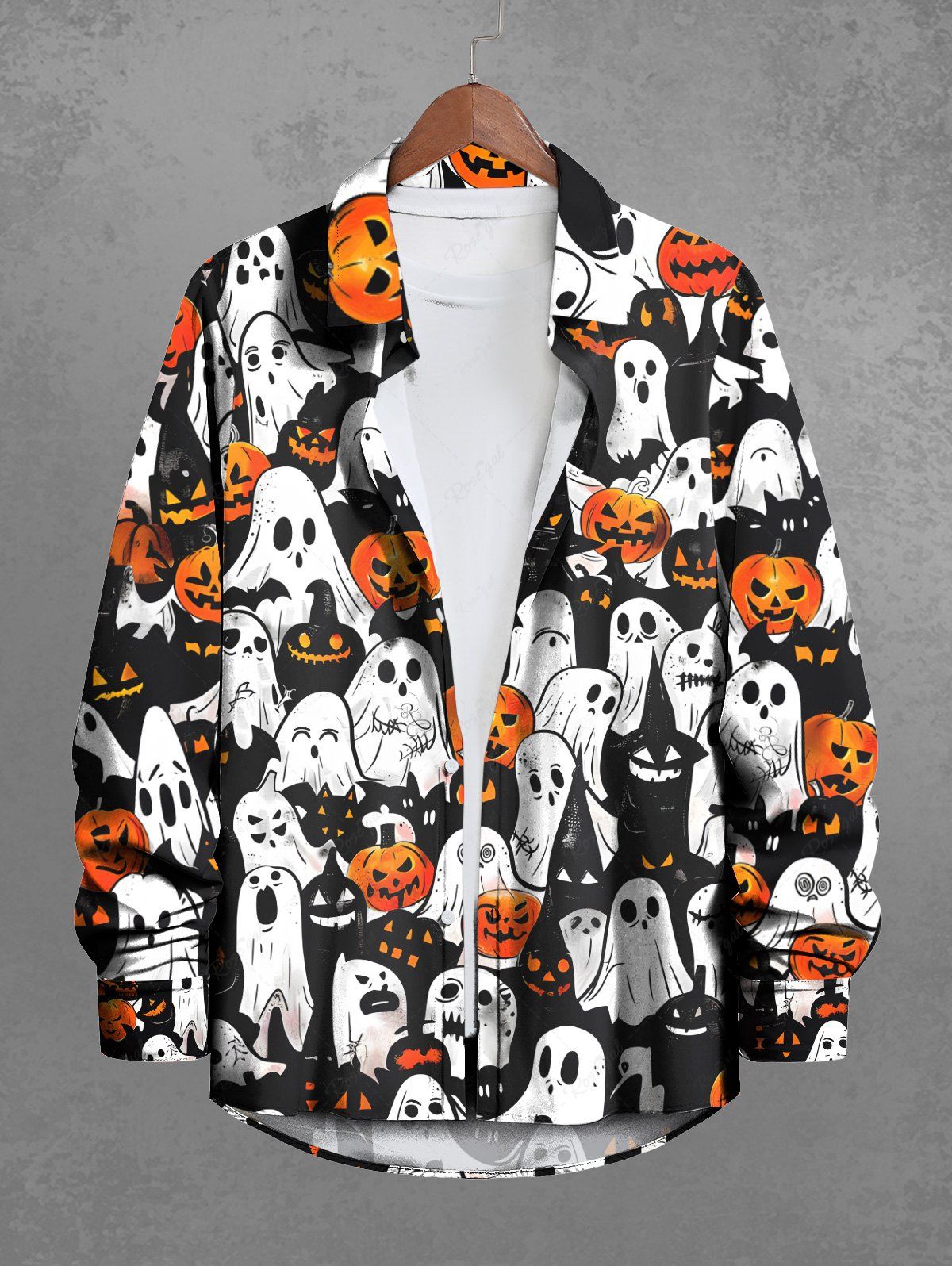 Gothic Plus Size Pumpkin Ghost Print Halloween Button Shirt For Men