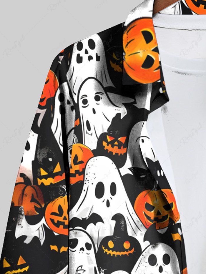 Gothic Plus Size Pumpkin Ghost Print Halloween Button Shirt For Men