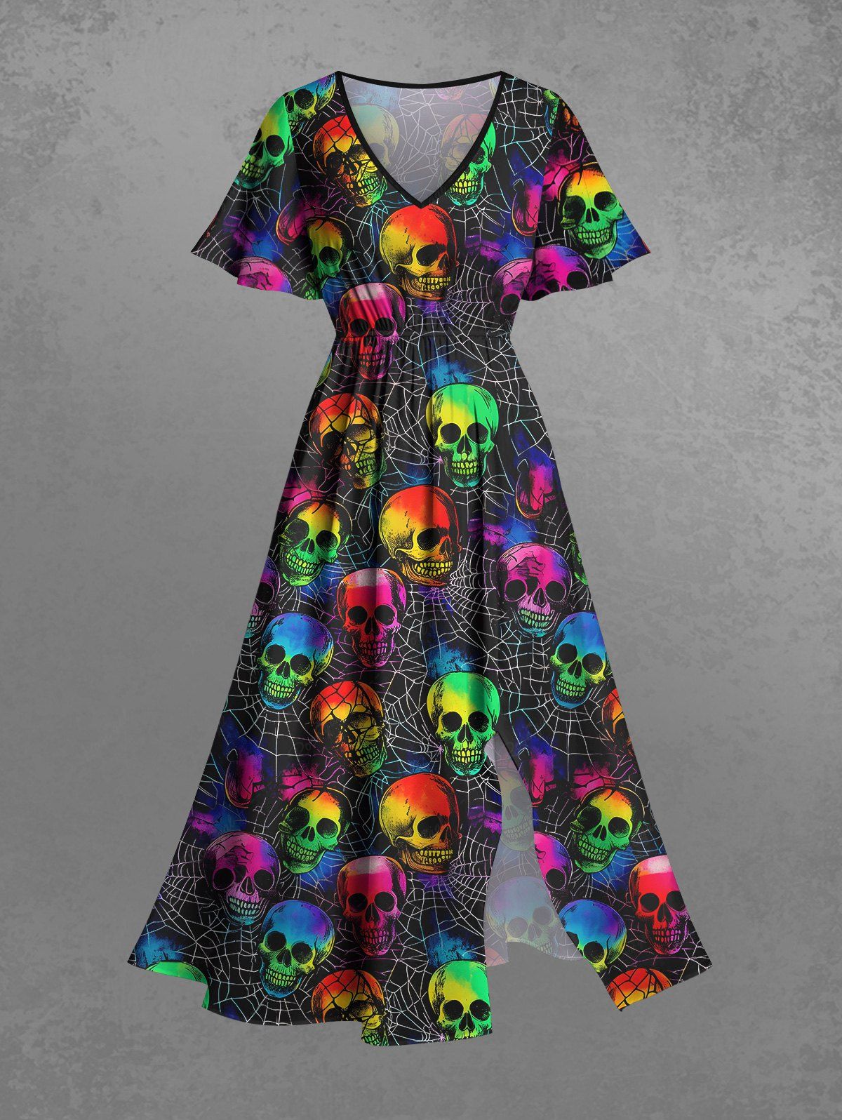 Gothic Plus Size Colorful Skulls Spider Web Print Halloween Costume Pocket Split A Line Midi Dress