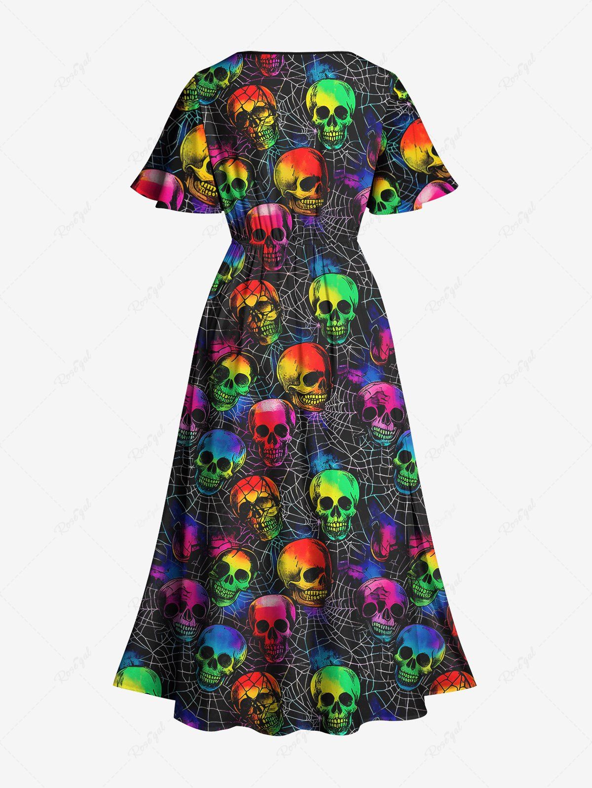 Gothic Plus Size Colorful Skulls Spider Web Print Halloween Costume Pocket Split A Line Midi Dress