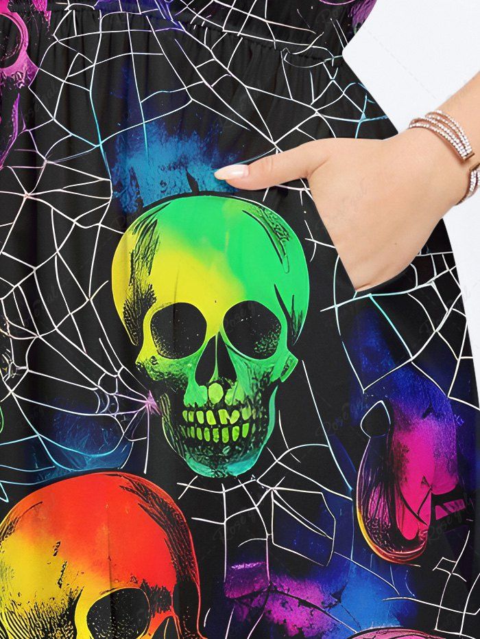 Gothic Plus Size Colorful Skulls Spider Web Print Halloween Costume Pocket Split A Line Midi Dress