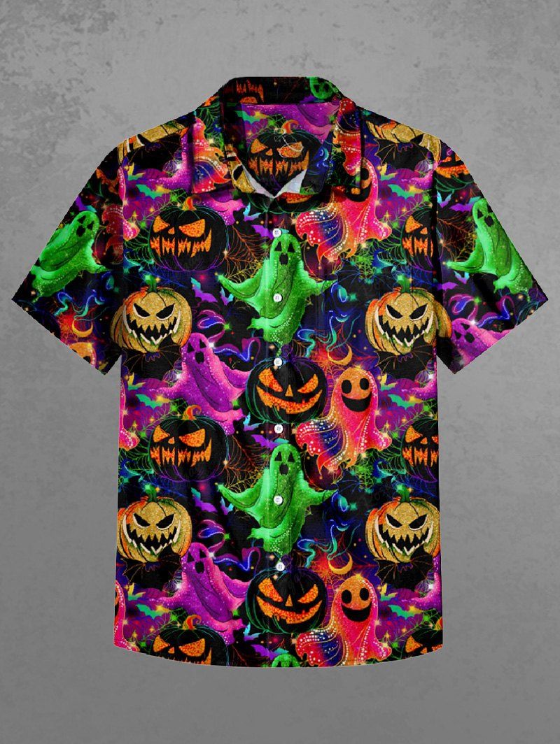 Gothic Plus Size Colorful Pumpkin Ghost Print Halloween Button Pocket Shirt For Men