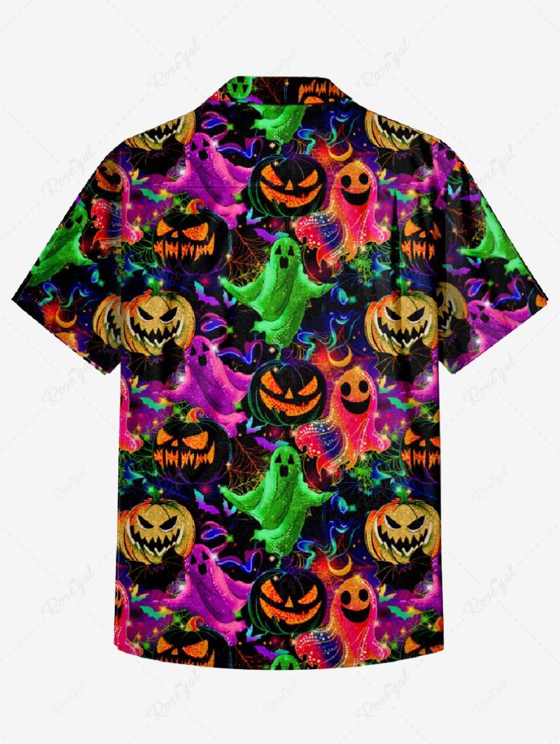 Gothic Plus Size Colorful Pumpkin Ghost Print Halloween Button Pocket Shirt For Men