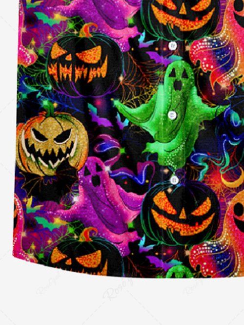 Gothic Plus Size Colorful Pumpkin Ghost Print Halloween Button Pocket Shirt For Men