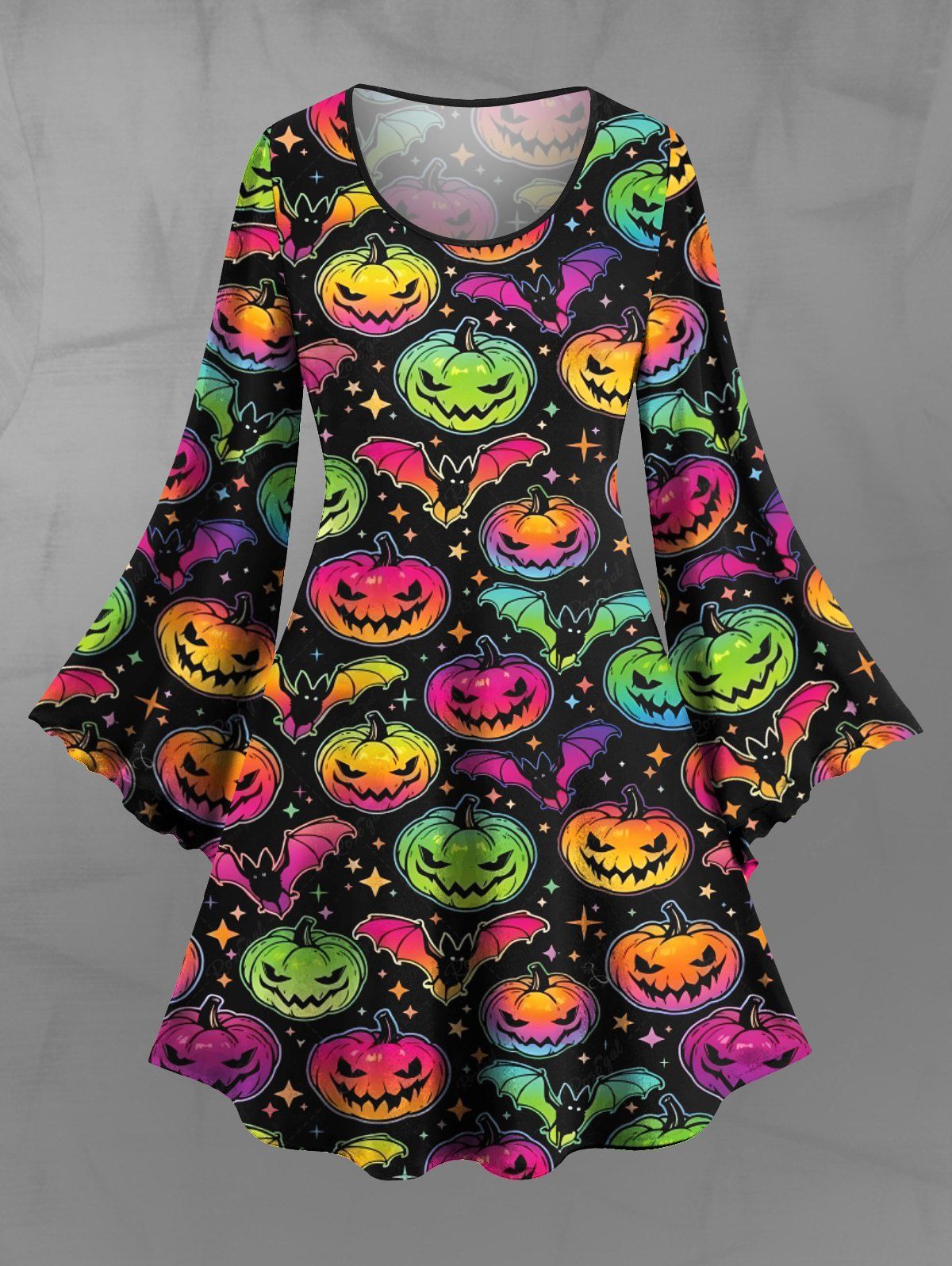 Gothic Plus Size Flare Sleeves Colorful Ombre Pumpkin Bat Stars Print Halloween Costume A Line Dress