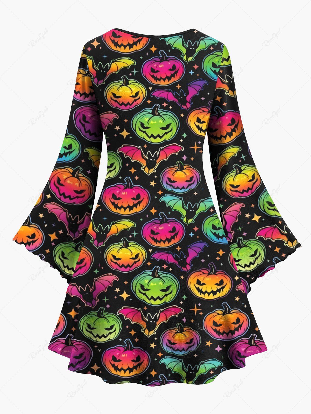 Gothic Plus Size Flare Sleeves Colorful Ombre Pumpkin Bat Stars Print Halloween Costume A Line Dress