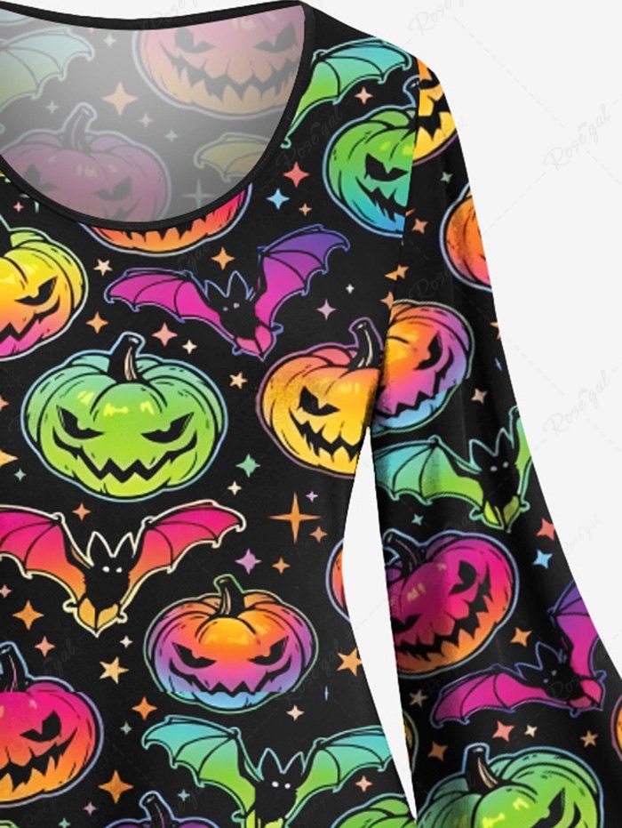 Gothic Plus Size Flare Sleeves Colorful Ombre Pumpkin Bat Stars Print Halloween Costume A Line Dress