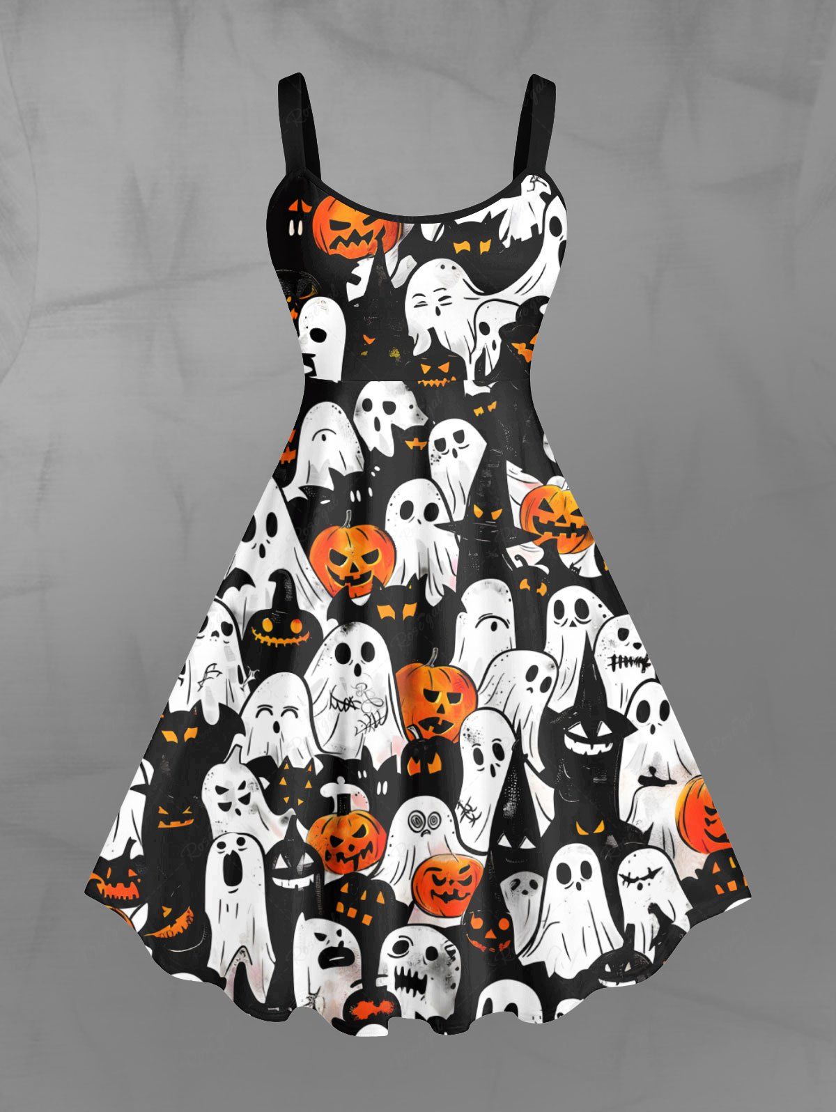 Gothic Plus Size Pumpkin Ghost Print Halloween Costume A Line Tank Dress