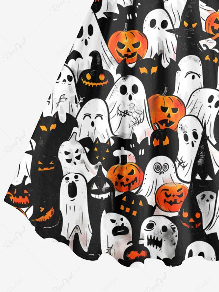 Gothic Plus Size Pumpkin Ghost Print Halloween Costume A Line Tank Dress