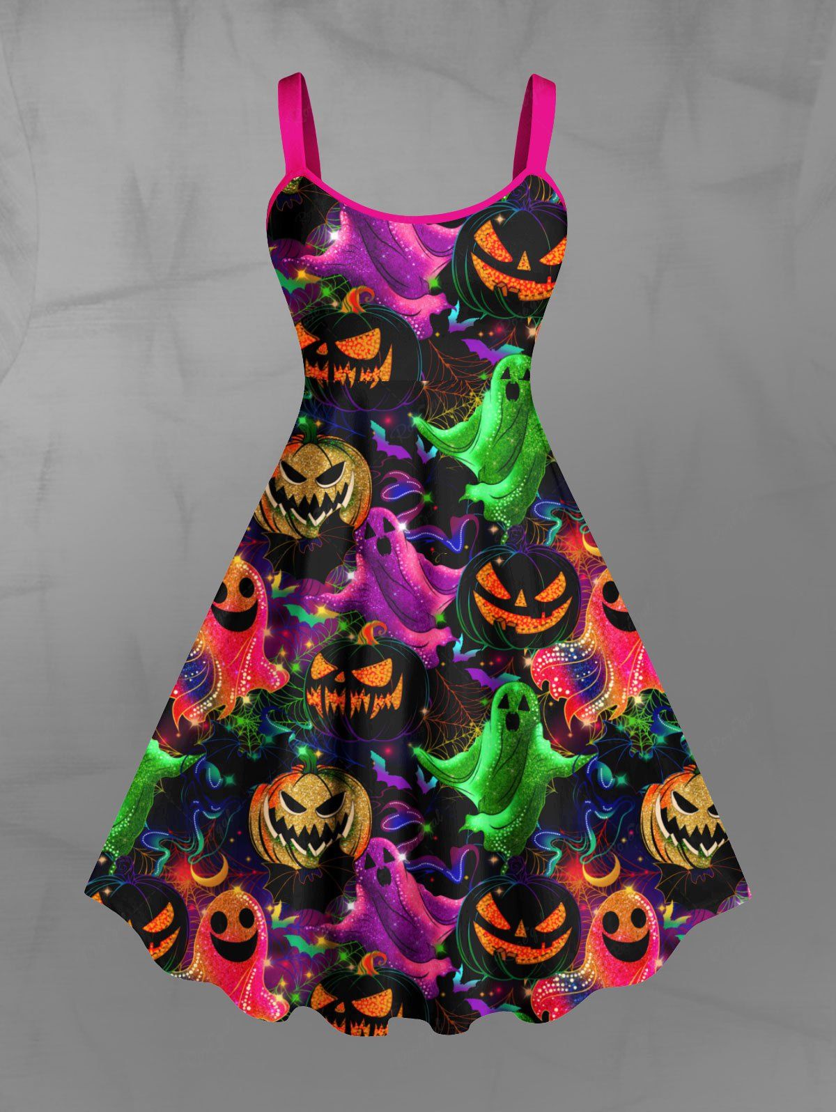 Gothic Plus Size Colorful Pumpkin Ghost Print Halloween Costume A Line Tank Dress