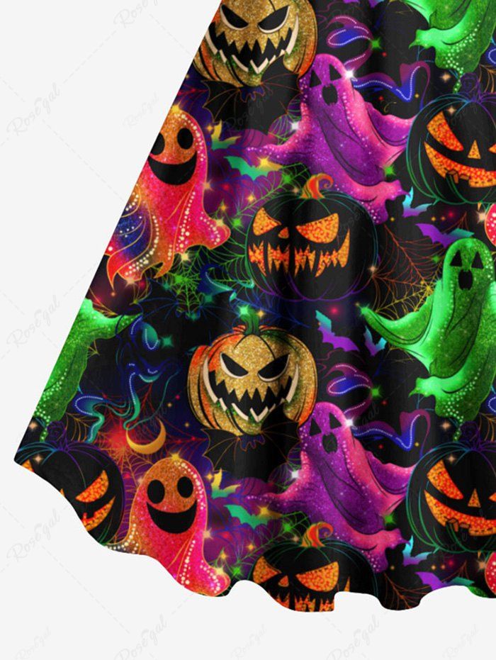 Gothic Plus Size Colorful Pumpkin Ghost Print Halloween Costume A Line Tank Dress