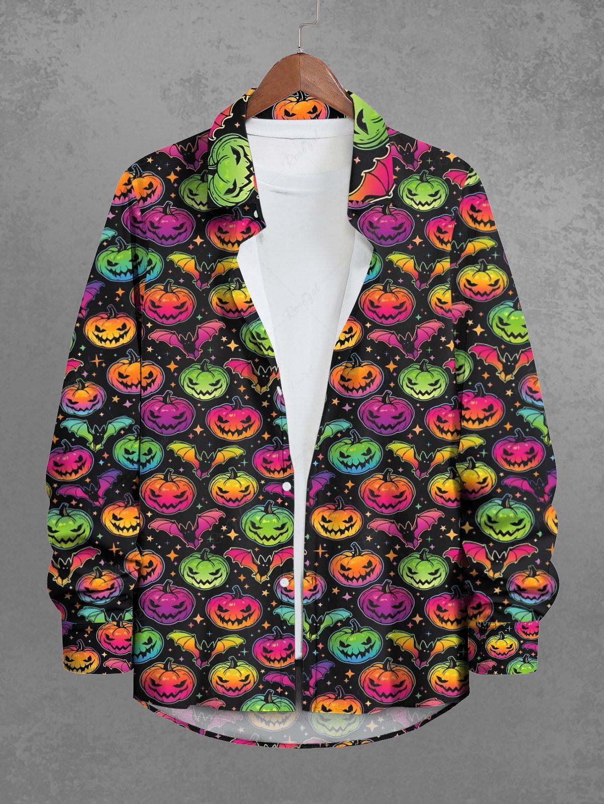 Gothic Plus Size Colorful Ombre Pumpkin Bat Stars Print Halloween Button Shirt For Men