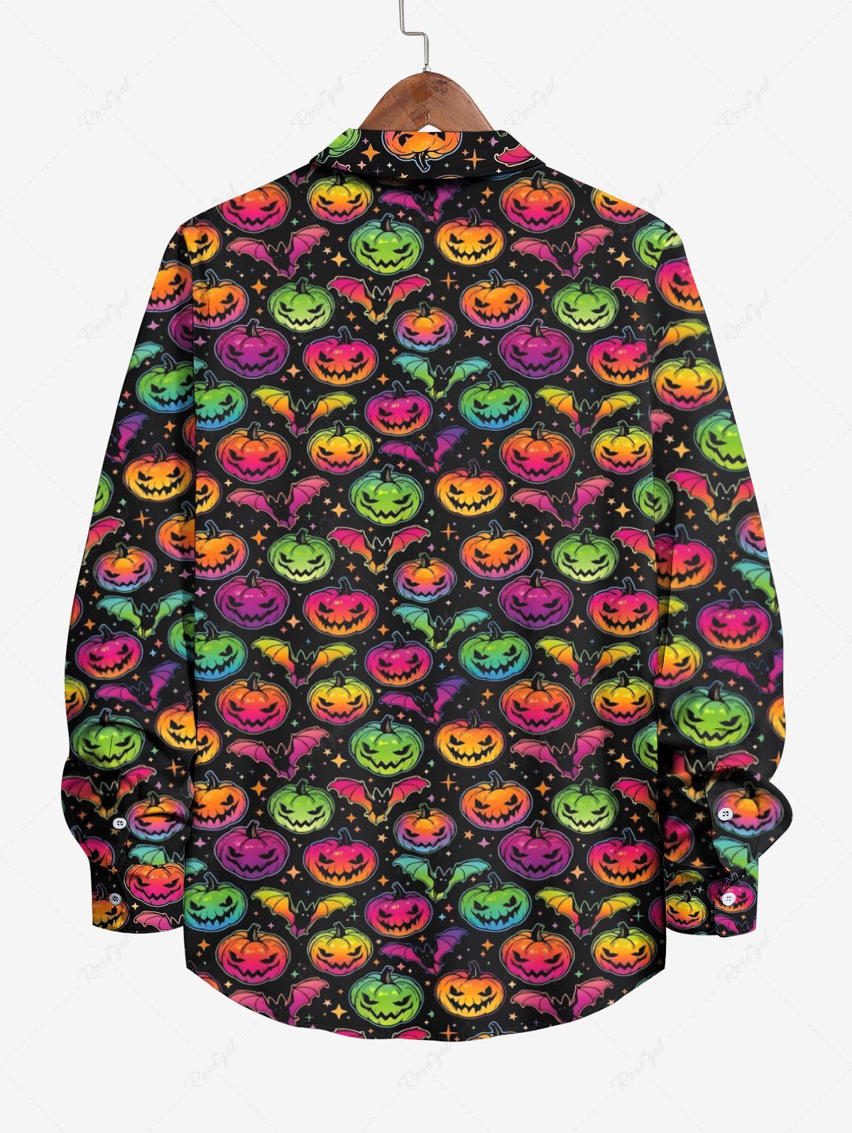 Gothic Plus Size Colorful Ombre Pumpkin Bat Stars Print Halloween Button Shirt For Men