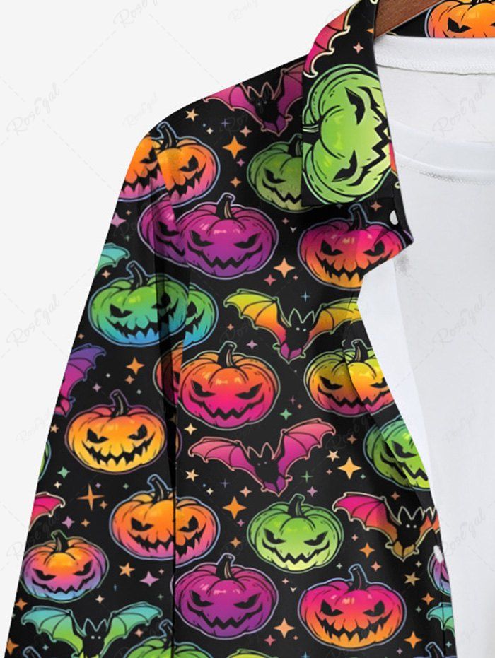 Gothic Plus Size Colorful Ombre Pumpkin Bat Stars Print Halloween Button Shirt For Men