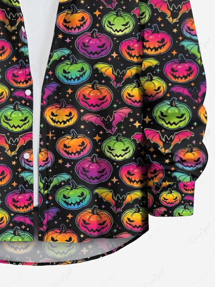 Gothic Plus Size Colorful Ombre Pumpkin Bat Stars Print Halloween Button Shirt For Men