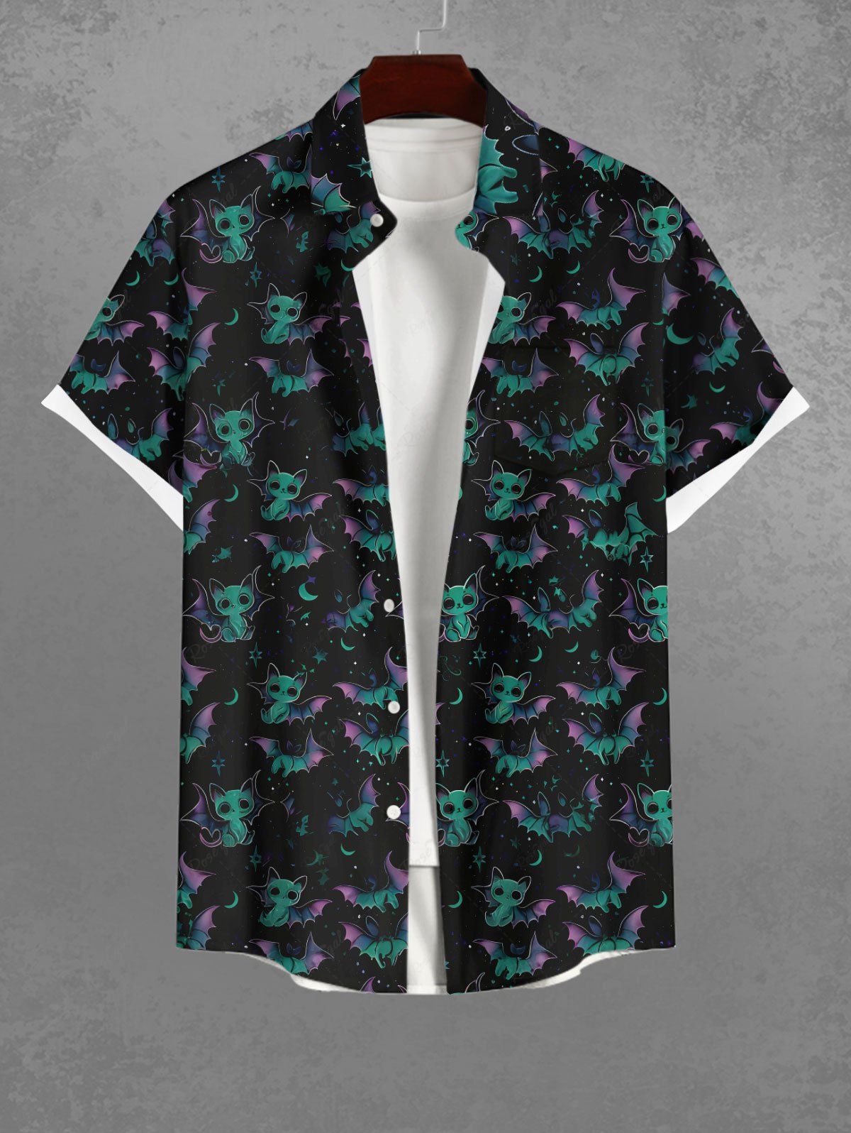 Gothic Plus Size Cat Ombre Bat Galaxy Print Halloween Button Pocket Shirt For Men