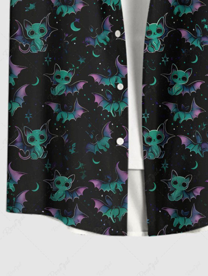 Gothic Plus Size Cat Ombre Bat Galaxy Print Halloween Button Pocket Shirt For Men