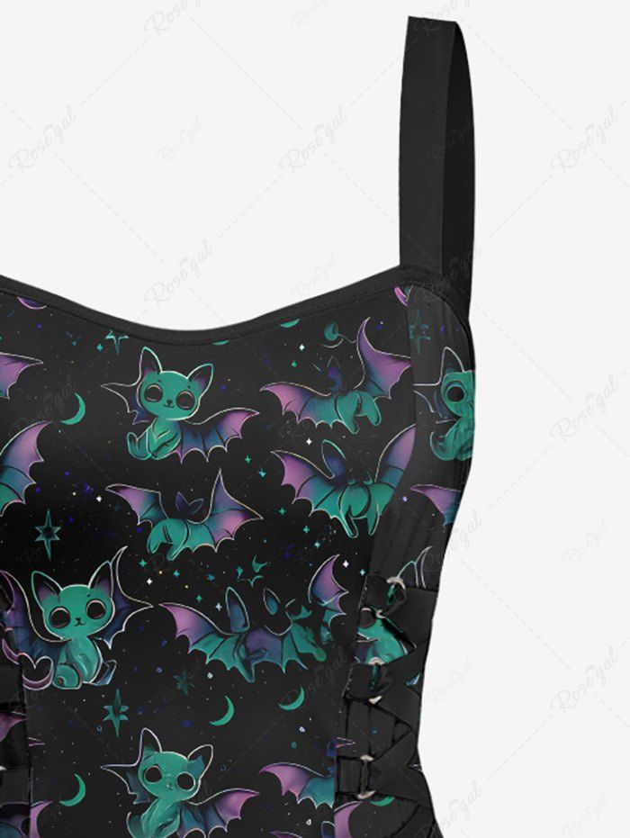 Gothic Plus Size Cat Ombre Bat Galaxy Print Halloween Costume Lace Up A Line Tank Dress