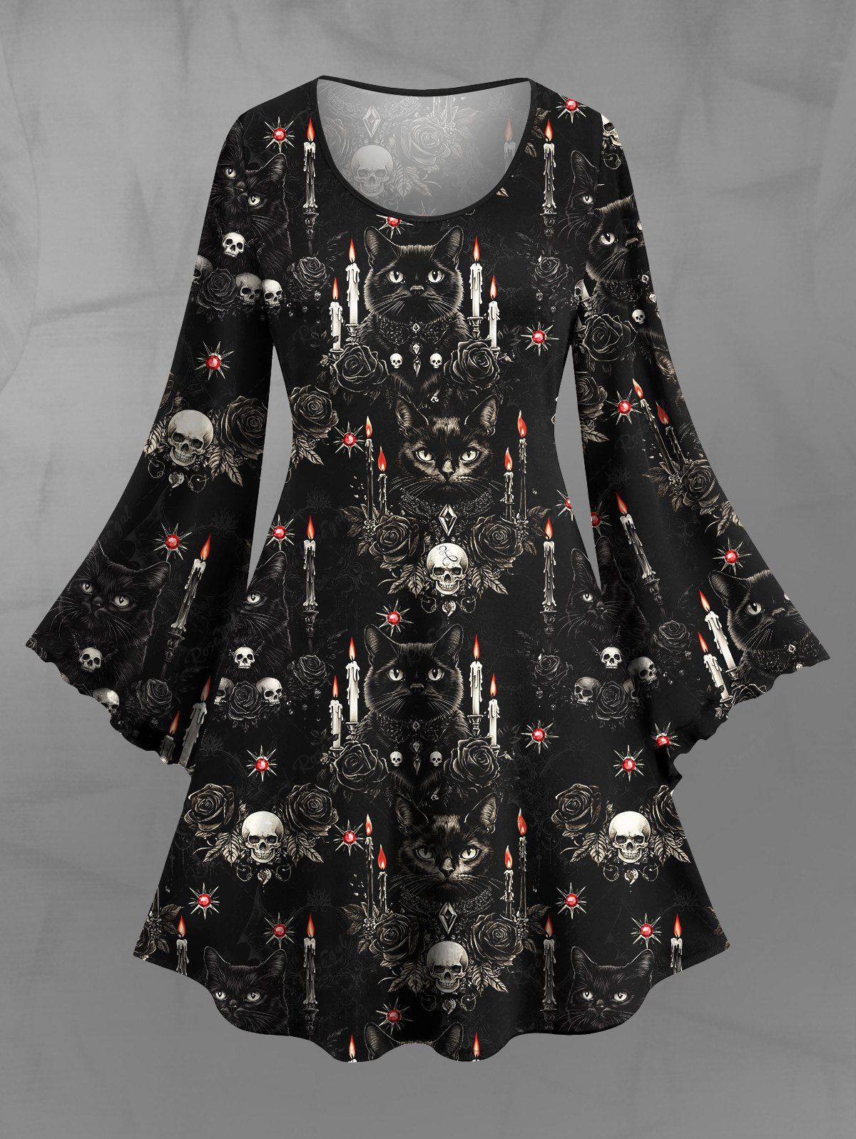 Gothic Plus Size Flare Sleeves Skull Rose Flower Candle Cat Print Halloween Costume A Line Dress