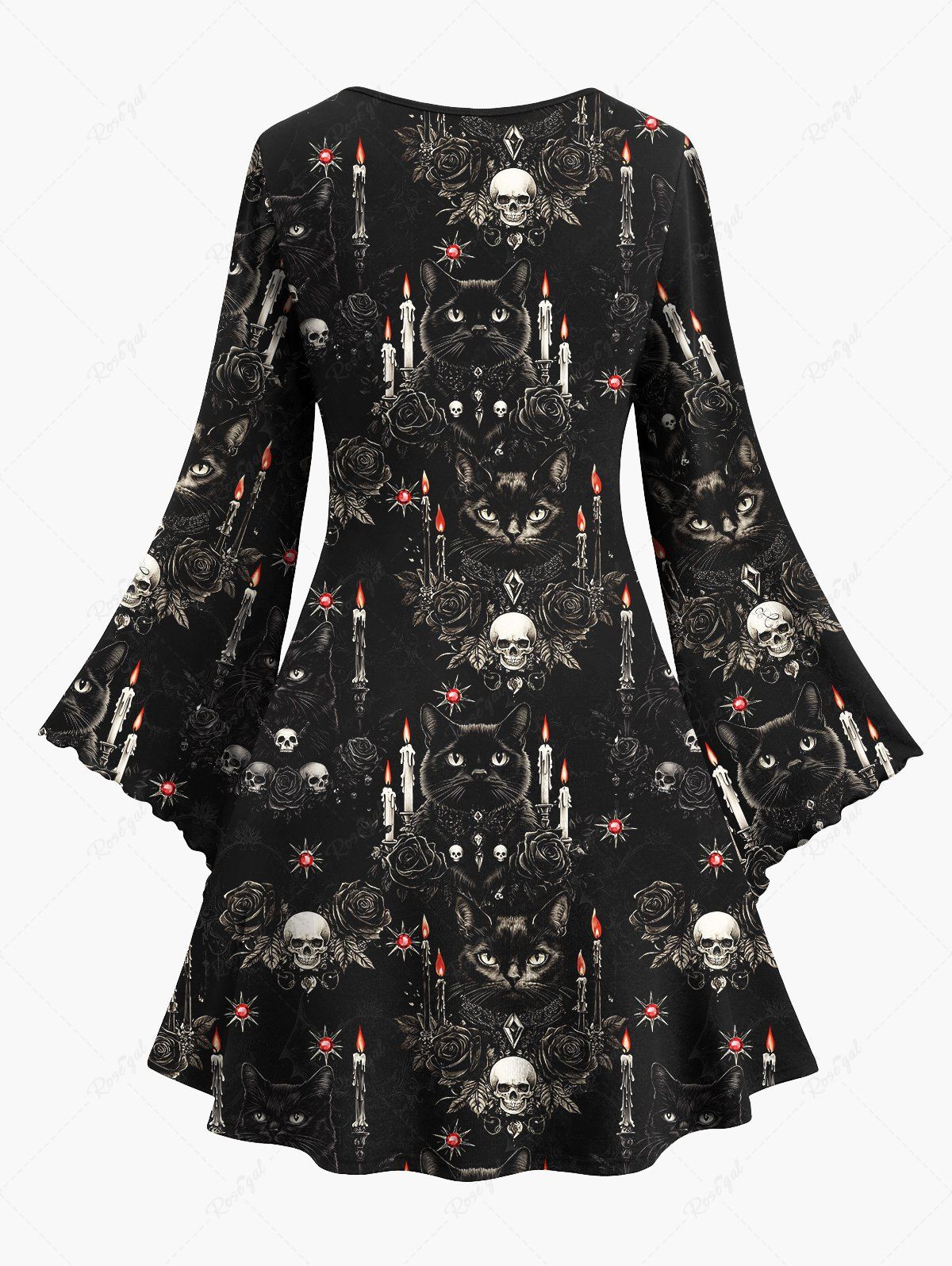 Gothic Plus Size Flare Sleeves Skull Rose Flower Candle Cat Print Halloween Costume A Line Dress