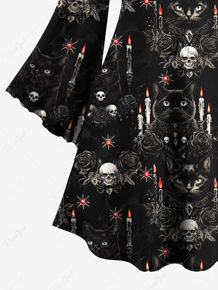 Gothic Plus Size Flare Sleeves Skull Rose Flower Candle Cat Print Halloween Costume A Line Dress