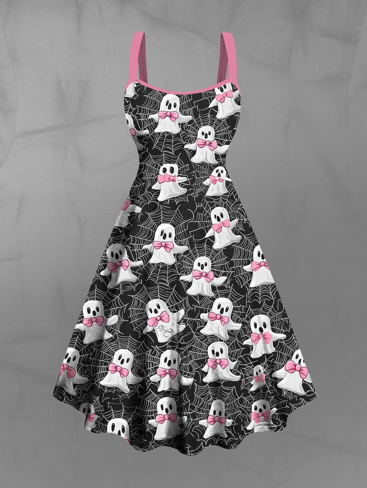 Gothic Plus Size Bowknot Cute Ghost Spider Web Print Halloween Costume A Line Tank Dress