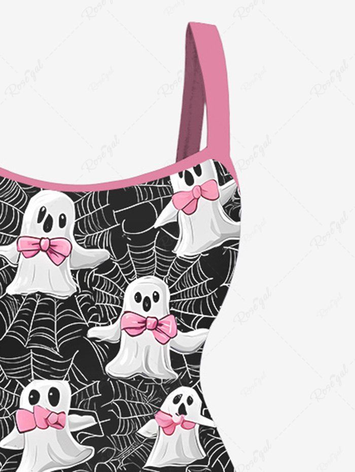 Gothic Plus Size Bowknot Cute Ghost Spider Web Print Halloween Costume A Line Tank Dress