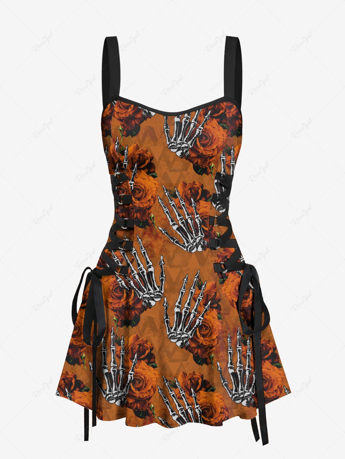 Gothic Distressed Skeleton Palm Rose Flower Print Halloween Costume Lace Up A Line Tank Dress