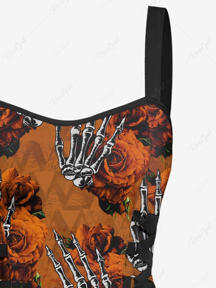 Gothic Distressed Skeleton Palm Rose Flower Print Halloween Costume Lace Up A Line Tank Dress