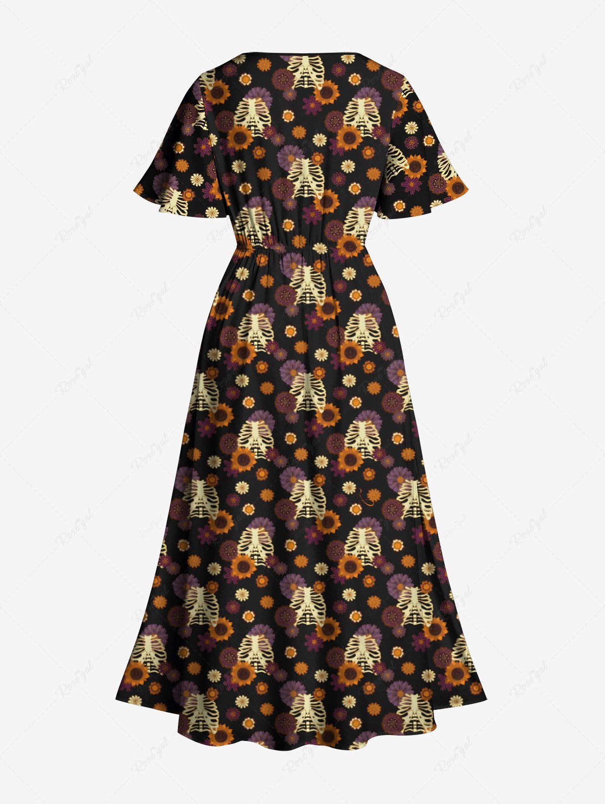 Gothic Plus Size Skeleton Sunflower Daisy Flower Print Halloween Costume Split Pocket A Line Midi Dress