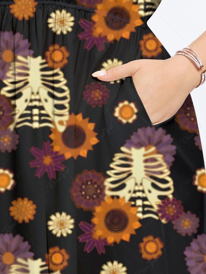 Gothic Plus Size Skeleton Sunflower Daisy Flower Print Halloween Costume Split Pocket A Line Midi Dress