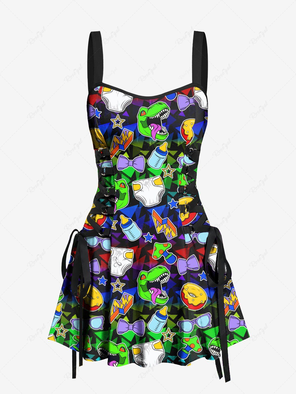 Gothic Colorful Dinosaur Bowknot Lightning Stars Mushroon Bottle Print Lace Up A Line Tank Dress