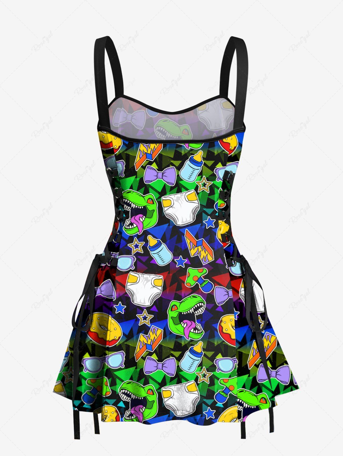 Gothic Colorful Dinosaur Bowknot Lightning Stars Mushroon Bottle Print Lace Up A Line Tank Dress