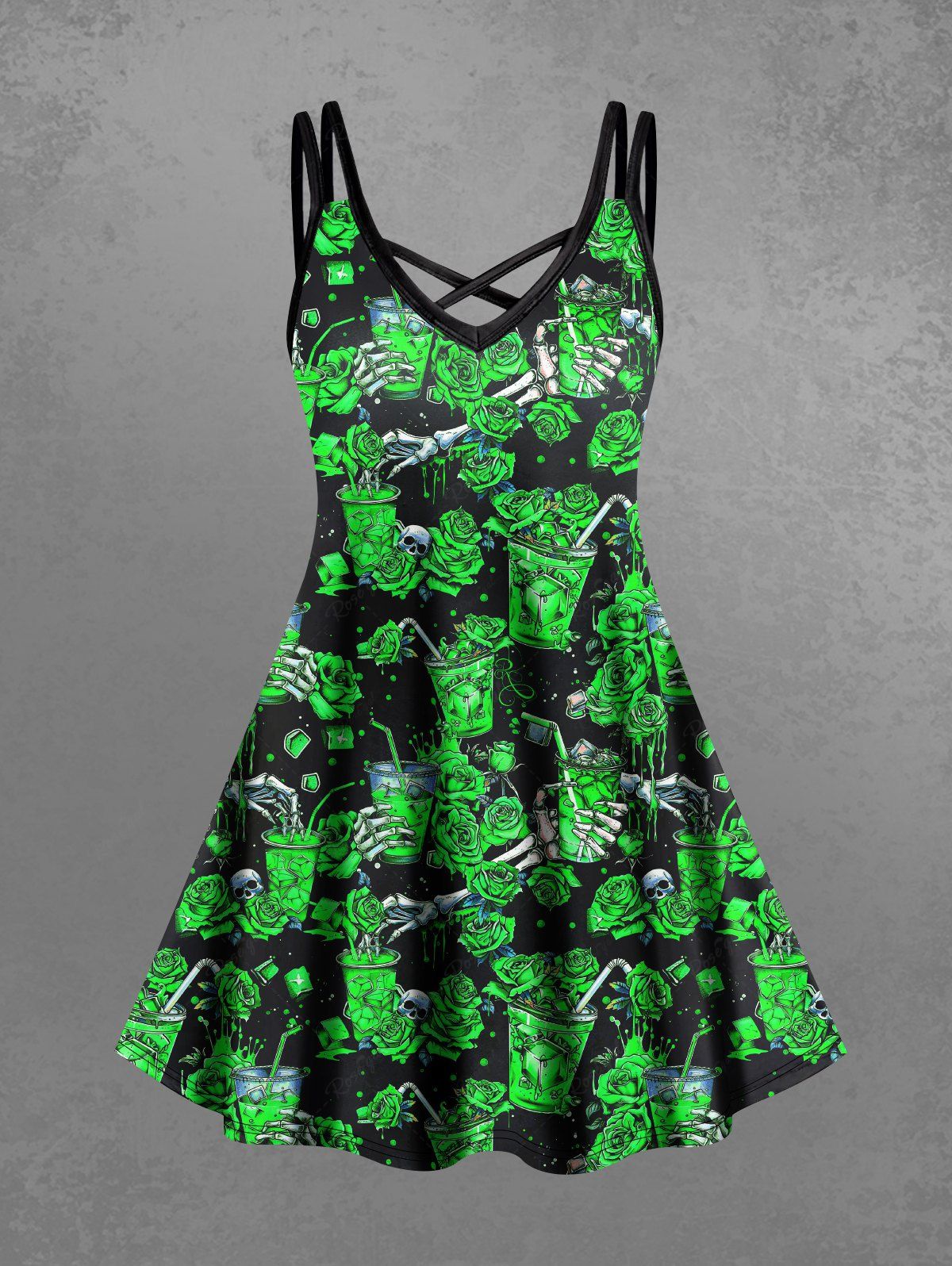 Gothic Plus Size Skull Skeleton Hand Rose Flower Juice Print Halloween Costume Crisscross A Line Cami Dress