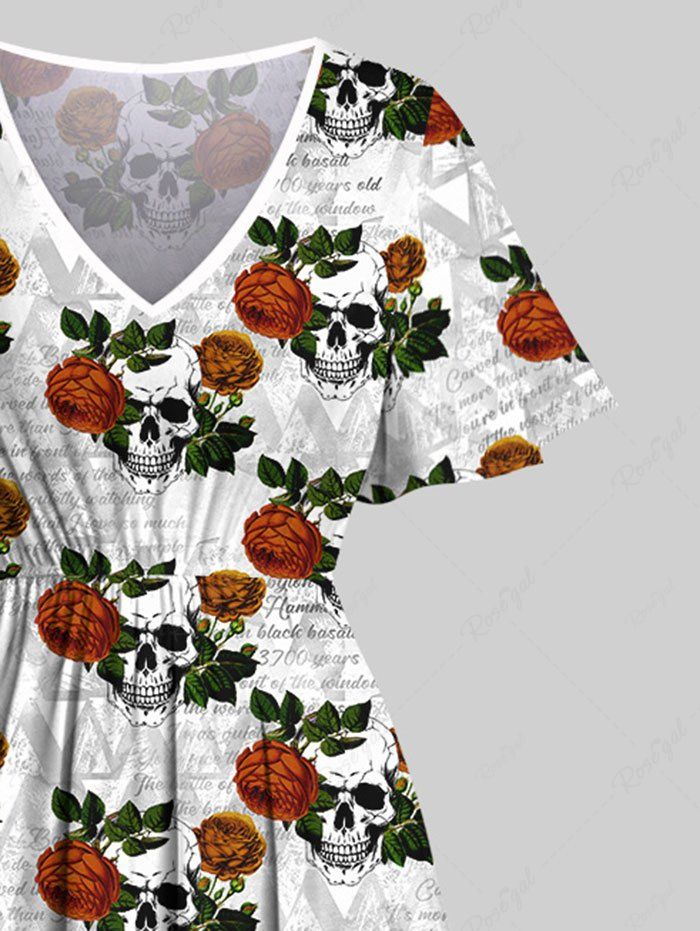 Gothic Plus Size Skulls Flower Leaf Letters Print Split Pocket A Line Midi Dress