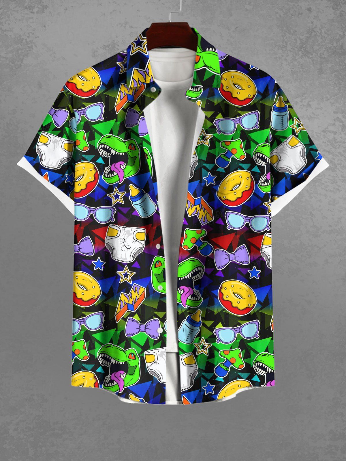 Gothic Plus Size Colorful Dinosaur Bowknot Lightning Stars Mushroon Bottle Print Button Pocket Shirt For Men