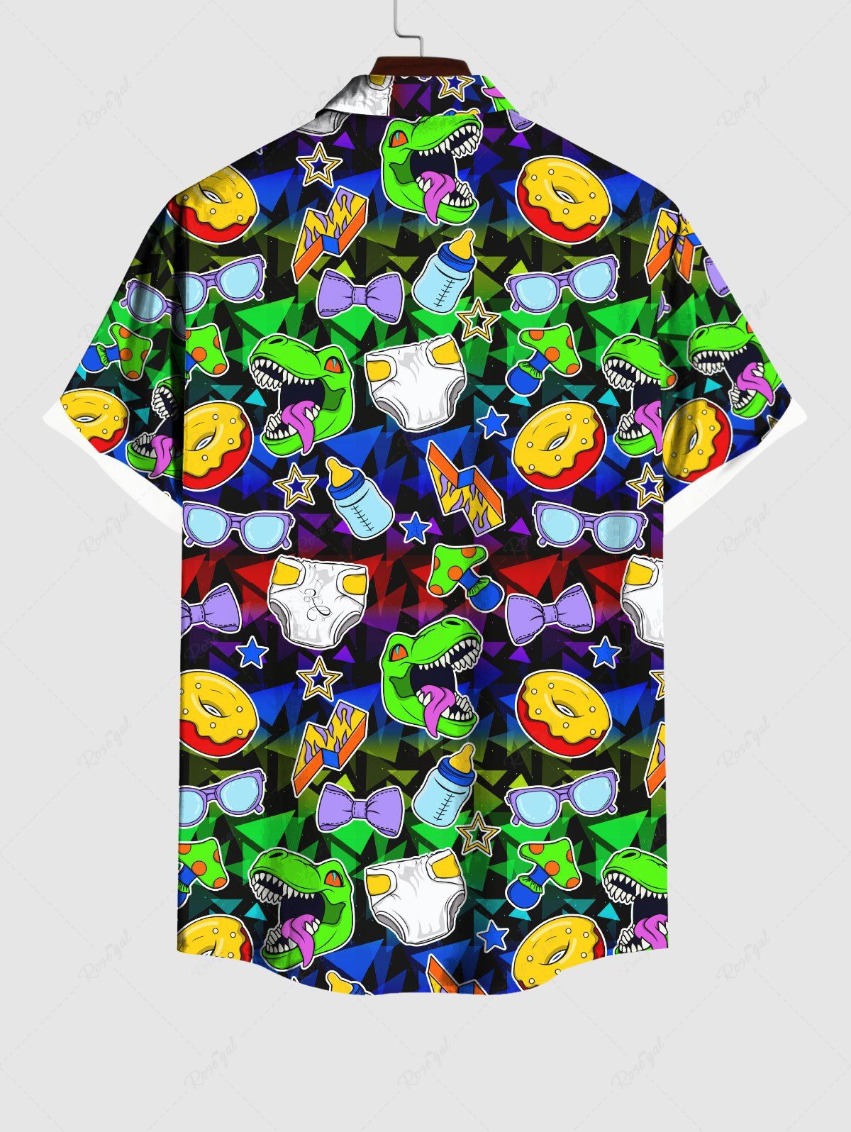 Gothic Plus Size Colorful Dinosaur Bowknot Lightning Stars Mushroon Bottle Print Button Pocket Shirt For Men