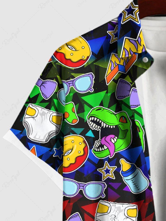 Gothic Plus Size Colorful Dinosaur Bowknot Lightning Stars Mushroon Bottle Print Button Pocket Shirt For Men