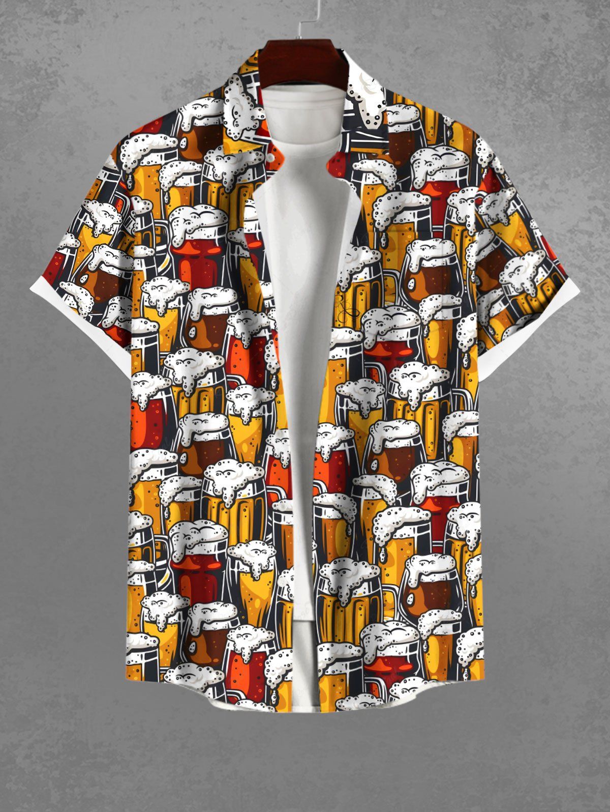 Gothic Plus Size Colorful Beer Colorblock Print Halloween Button Pocket Shirt For Men