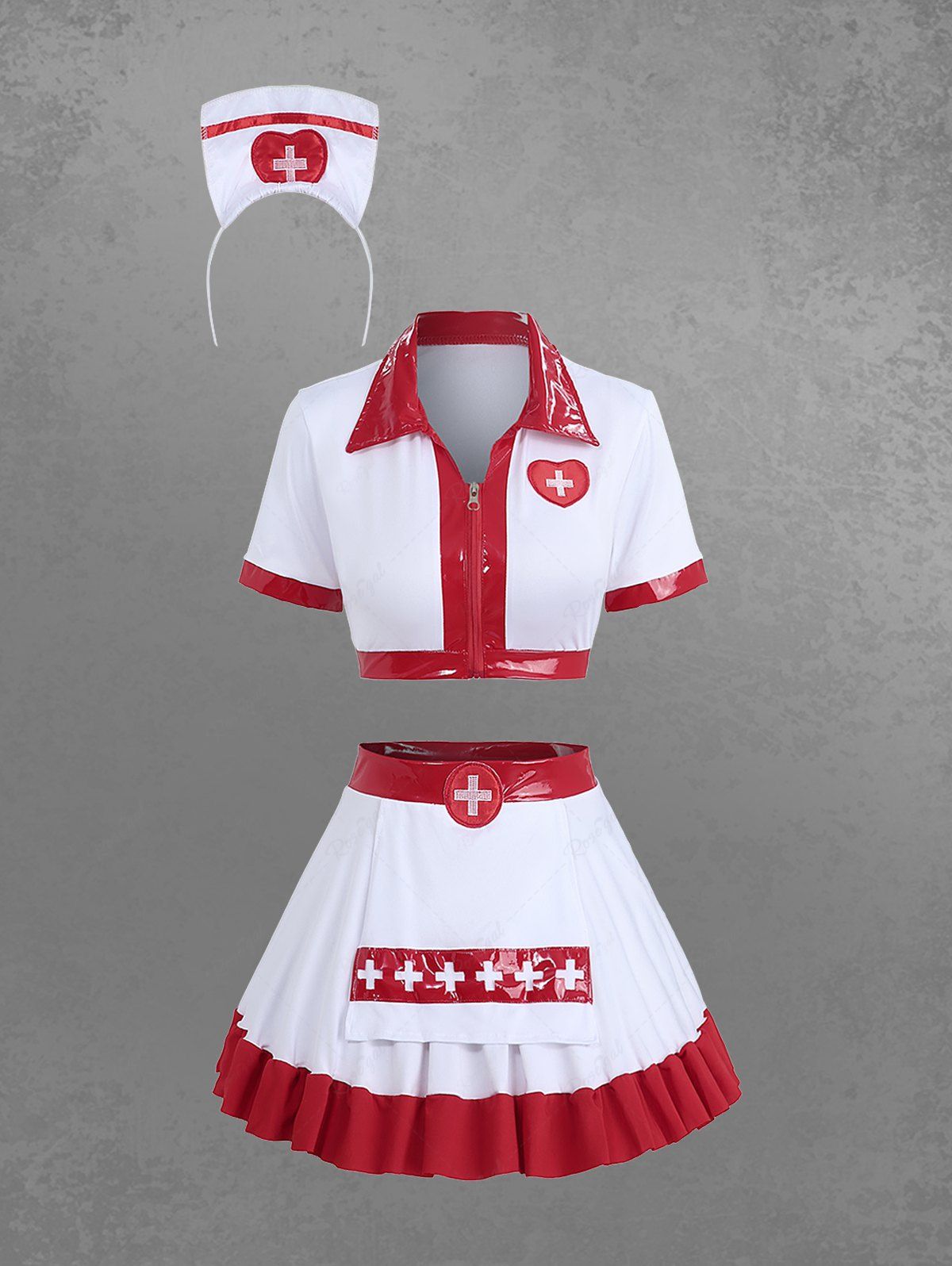 Gothic Halloween Costume Zipper Cross Heart Contrast Piping Two Tone Party Nurse Dress Outfit