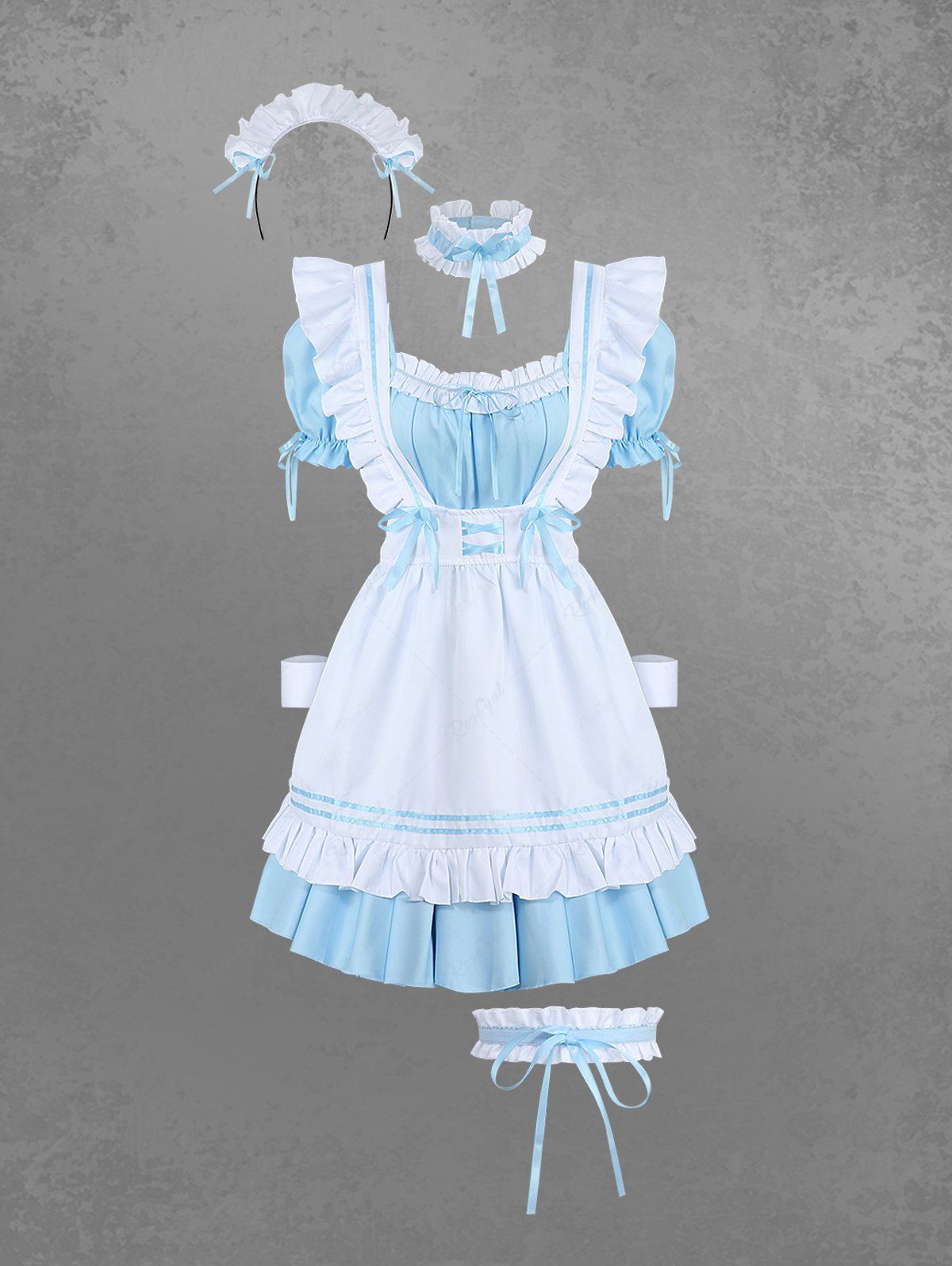 Gothic Puff Sleeves Ruched Ruffles Bowknot Crossover Back Two Tone Layered A Line Maid Lolita Dress