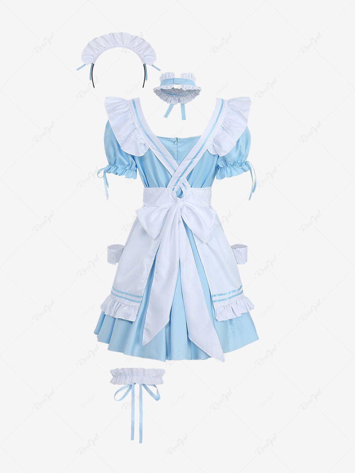 Gothic Puff Sleeves Ruched Ruffles Bowknot Crossover Back Two Tone Layered A Line Maid Lolita Dress