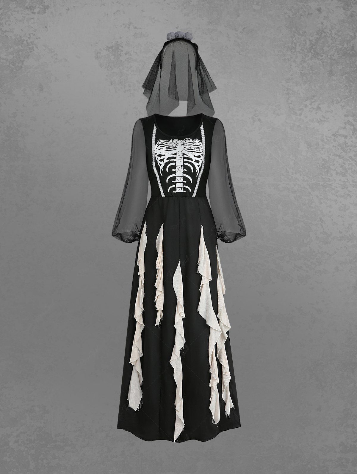 Gothic Plus Size Halloween Costume Skeleton Print Mesh Lantern Sleeves Ripped A Line Dress with Rose Flower Veil