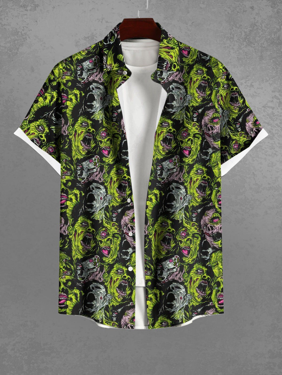 Gothic Plus Size Zombies Ghosts Devil Print Halloween Button Pocket Shirt For Men