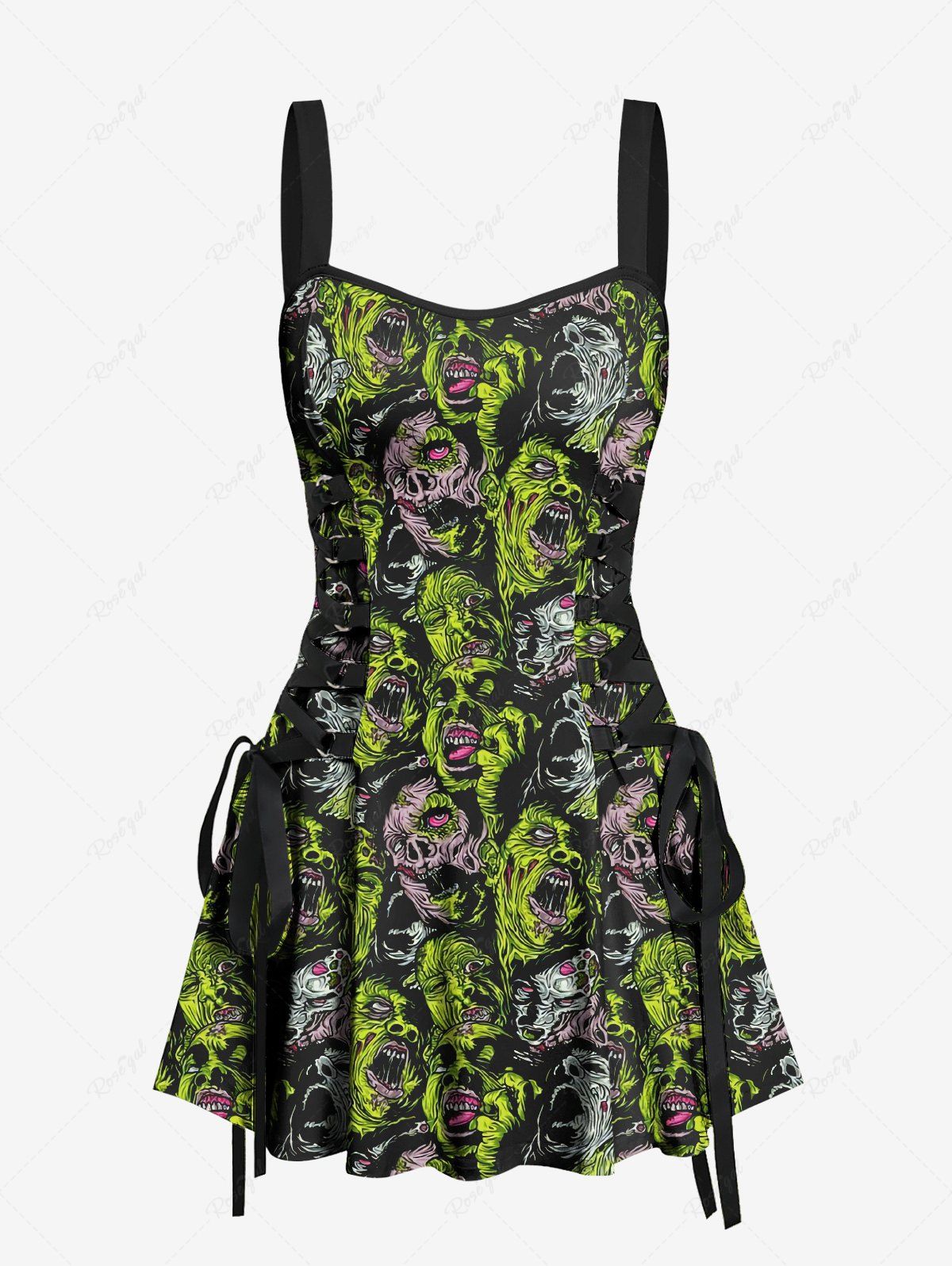 Gothic Zombies Ghosts Devil Print Halloween Costume Lace Up A Line Tank Dress