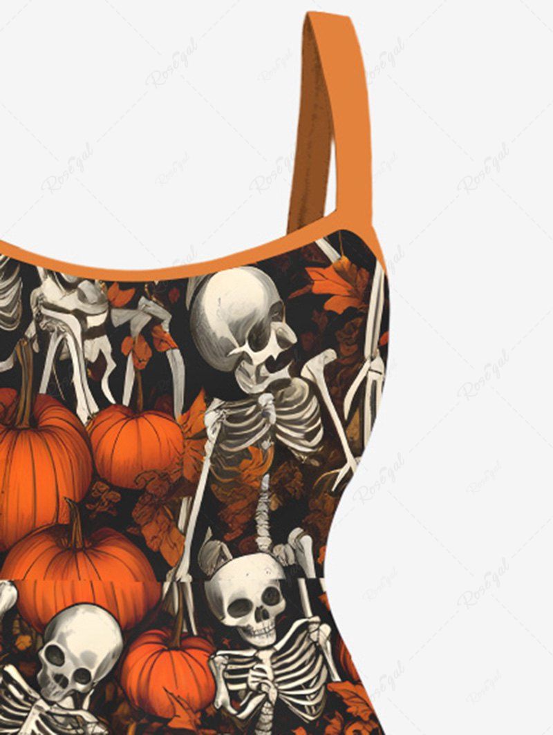 Gothic Plus Size Skeleton Pumpkin Print Halloween Costume A Line Tank Dress