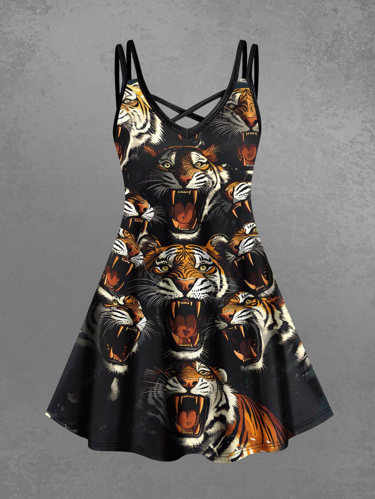 Gothic Plus Size 3D Tiger Print Crisscross A Line Cami Dress