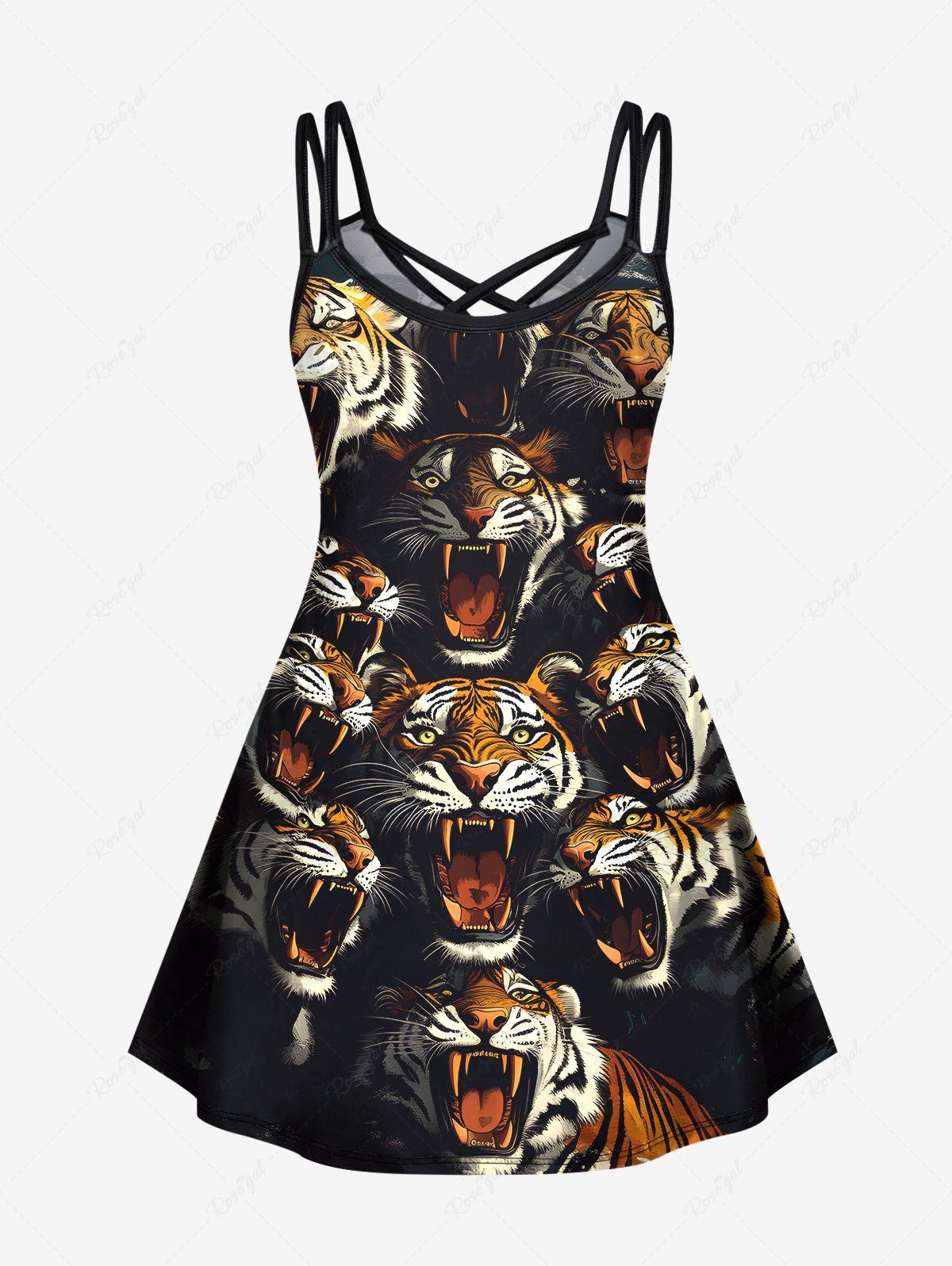 Gothic Plus Size 3D Tiger Print Crisscross A Line Cami Dress