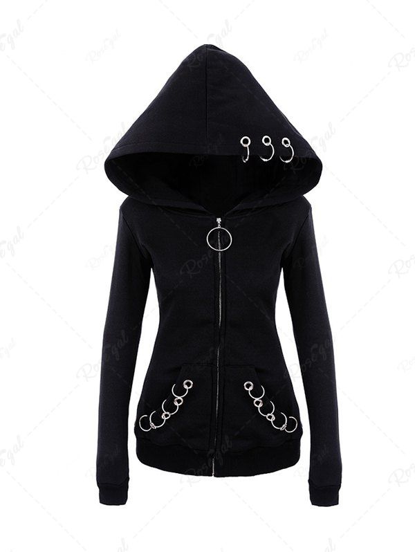 Gothic Grommets O-ring Zip Up Pocket Hooded Coat